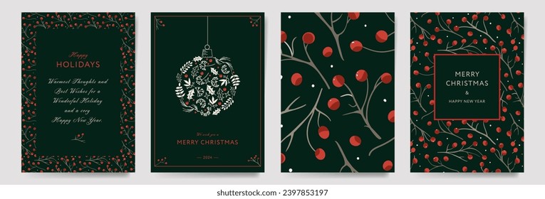 Traditional Corporate Holiday cards with Christmas ornate floral berry frames, background and copy space. Universal artistic templates, vector illustration.