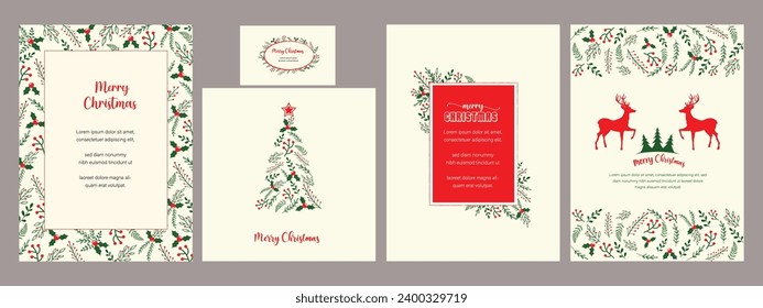 Traditional Corporate Holiday cards with Christmas tree, reindeers, birds, ornate floral frames, background and copy space. Universal artistic templat