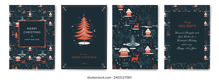 Traditional Corporate Holiday cards with Christmas tree, reindeers, ornate frames, background and copy space.Vector illustration