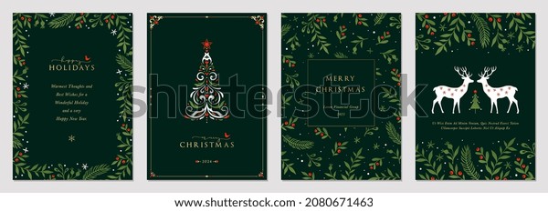 Traditional Corporate Holiday cards with\
Christmas tree, reindeers, birds, ornate floral frames, background\
and copy space. Universal artistic\
templates.
