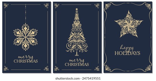 Traditional corporate holiday cards on a blue background with a Christmas gold tree made of curls and monograms. star, snowflake, copy space. Universal art templates.