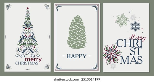 Traditional corporate holiday cards on a light background with a Christmas tree in forest shades made of swirls and monograms. pine cone, snowflakes, copy space. Universal artistic templates.