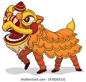 Traditional costume for lion dance with a couple of dancers, isolated over white background.