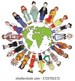 Traditional Costumes Around the World. National Costumes of Various Countries: India, America, Italy, France, Germany, Kenya, China, Saudi Arabia, Ukraine, Japan. Hand drawn vector illustration.