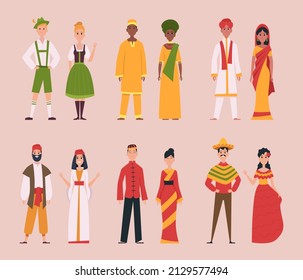 Traditional costumes. National authentic people in european clothes ukranian mongolia belarus nigeria turkey and poland exact vector characters