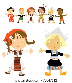 traditional costumes, romanian and dutch girl in front