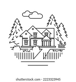 Traditional cottage icon design. Round line art illustration with house, trees, and plot around.