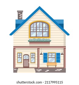 Traditional country cottage. Front view. The facade of the house. Family home. Flat vector illustration