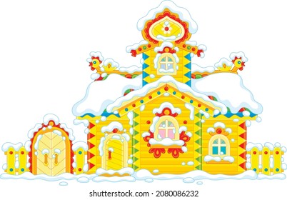 Traditional country wooden house with carved decorations covered with snow on Christmas, vector cartoon illustration isolated on a white background