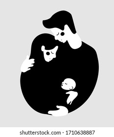 Traditional couple with baby man and woman. Young parents, dad and mom hug each other and look after the child. Icon, logo, family sign. Vector illustration isolated on a white background