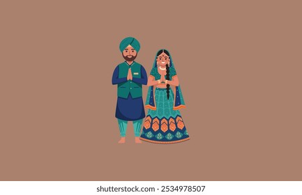 Traditional couple in cultural attire greeting with folded hands.