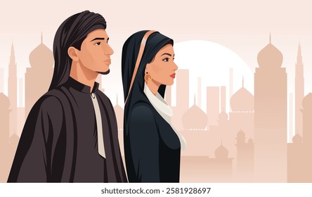 Traditional couple in Middle Eastern attire with cityscape. Vector illustration