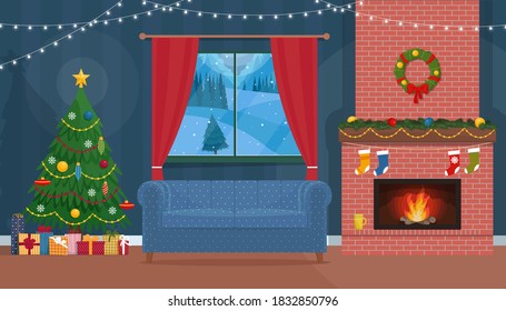 Traditional cozy home interior at Christmas with decorated tree, gifts, fireplace, soft sofa under window. Vector illustration in flat style
