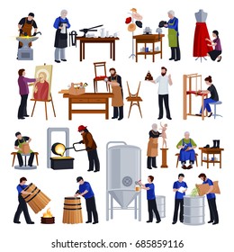 Traditional crafts and craftspeople at work flat icons collection with tailor weaver blacksmith and shoemaker vector illustration 