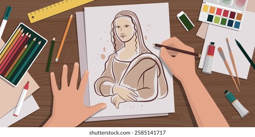 Traditional creative artist drawing the Mona Lisa and studying famous paintings