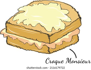 Traditional Croque monsieur a Ham and Cheese Sandwich French food doodle illustration. Doodle styled european traditional Croque Monsieur dish.