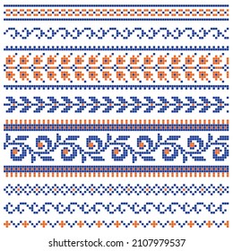 Traditional cross stitch border set blue and orange