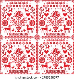 Traditional cross-stitch vector seamless red and white pattern - repetitive background inspired by German old style embroidery with flowers and animals. Symmetric floral decoration with birds, horses 