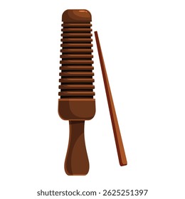 Traditional cuban instrument guiro made of wood lying next to its wooden stick, isolated on white background