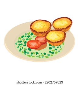 Traditional cuisine icon isometric vector. Small cream cakes, caldo verde soup. Portuguese pastry pastel de nata, national dish
