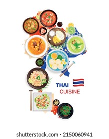 Traditional cuisine map realistic composition with top view of exotic dishes upon country border of thailand vector illustration