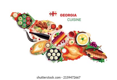 Traditional cuisine map realistic composition with view of georgian country border with dishes and national symbols vector illustration
