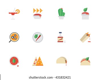 Traditional cuisine. Mexican food with spicy dishes and snacks. Restaurant menu. Collection of flat style colorful vector icons. Elements for web design, website, mobile app.