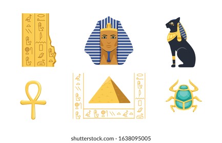 Traditional Cultural and Historical Symbols of Egypt Collection, Pyramid, Ankh, Tutankhamun, Scarab, Bastet Vector Illustration