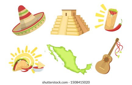 Traditional Cultural Mexico Symbols Set, Sombrero Hat, Map, Taco, Mayan Pyramid, Acoustic Guitar Vector Illustration