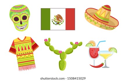 Traditional Cultural Mexico Symbols Set, Sugar Skull, Flag, Sombrero Hat, Cactus Vector Illustration
