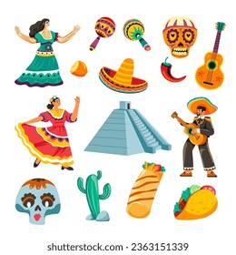 Objetos tradicionales y culturales de México, maracas aisladas con ornamentos, cactus y burrito, chile picante y sombrero sombrero sombrero sombrero sombrero sombrero, lima y guitarra acústica de flamenco. Vector de estilo plano