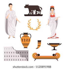 Traditional cultural symbols of ancient Rome set vector Illustrations on a white background