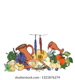 Traditional cultural symbols  of the country of Georgia,Spain.grapes,cheese, khachapuri,wine,church, Khinkali,persimmon.sketch, art line. travel hand drawing illustration