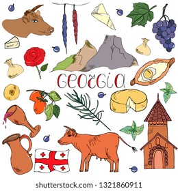 Traditional cultural symbols travel of the country of Georgia.Architecture,cuisine. for the guidebook.mountains,grapes,cheese, khachapuri,wine,church,cow,church, persimmon.sketch, art line