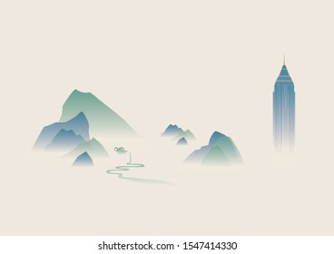 traditional culture background of teapot, mountain & tower, ink painting style