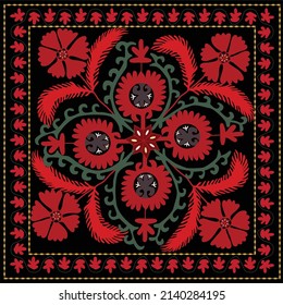 Traditional culture in Uzbekistan - suzani rug, beautiful flowers in one composition, textile product in Central Asia. Home interior and creative design. The fashion industry also love these ornaments