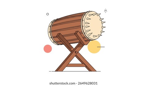 Traditional cylindrical drum with elaborate wooden stand for cultural celebrations and musical performances