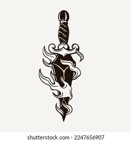 Traditional Daagger Flame Tattoo vintage black and white illustration. Traditional Daagger Flame vector image