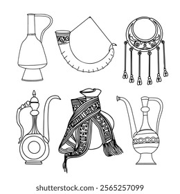 Traditional Dagestani Caucasian utensils, Horns, earrings, jugs line minimalistic illustration. Vector illustration