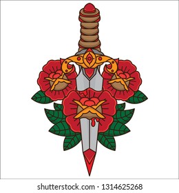 traditional dagger and flower tattoo, vector EPS 10