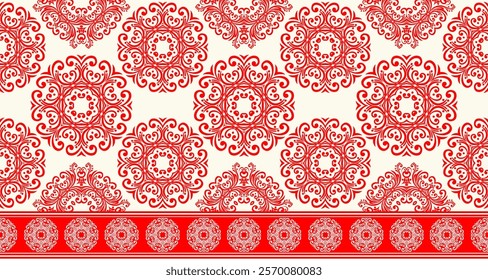 A traditional damask pattern with a modern twist. The design features a bold red and white color palette and intricate floral motifs. 