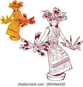 Traditional Dance From Borneo, Borneo Dancer, Line Art Illustration