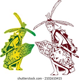 Traditional Dance From Borneo, Borneo Dancer, Line Art Illustration