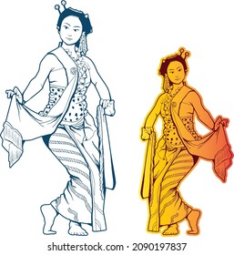 Traditional Dance From Java, Java Dancer, Line Art Illustration