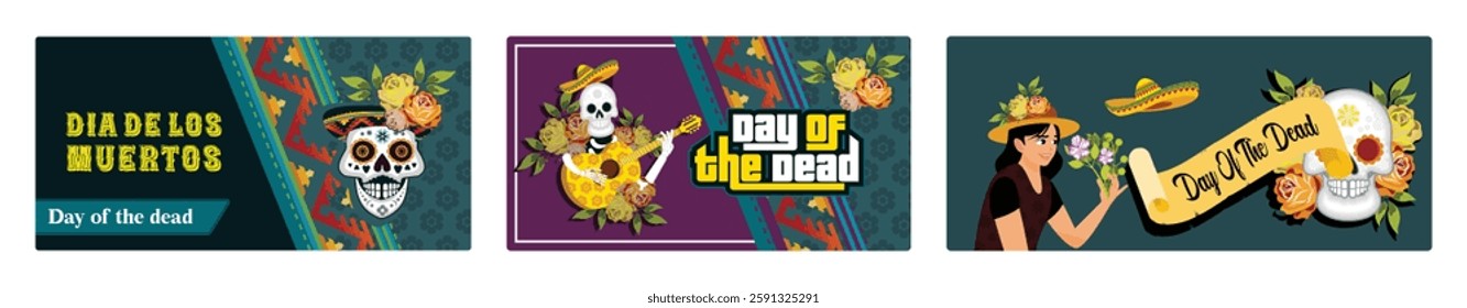 Traditional dance and music festival. Sugar skull with sombrero and marigold wreath. Sombrero for traditional party in Mexico. Day Of The Dead concept. Set flat vector illustration.