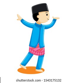 Traditional Dance from Riau. Cute character illustration. Vector Flat Design Style.