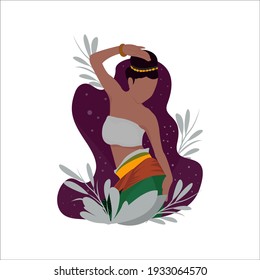 Bailarina tradicional de fondo morado y follaje ornamentado. Bien por la comunidad bailarina, la educación, etc. Ilustración vectorial
