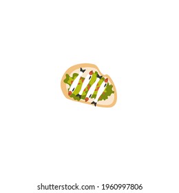 Traditional danish sandwich, vector cartoon flat illustration isolated on white, burger with bread, salad, fish, decorative colorful symbol sea food, sign for design restaurant menu, kitchen