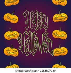 Traditional dark hand drawn Halloween greeting card with creepy pumpkin lanterns. Hand lettering with Happy Halloween words.