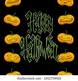 Traditional dark hand drawn Halloween greeting card with creepy pumpkin lanterns. Hand lettering with Happy Halloween words.